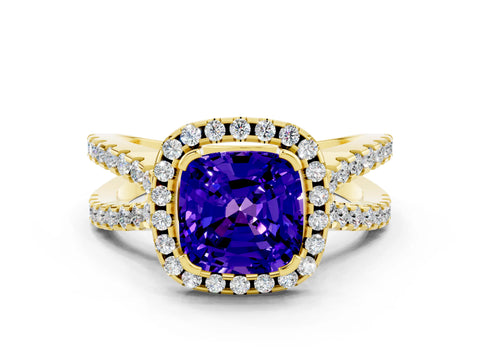 Yellow gold Cushion Cut Tanzanite Halo Ring with Split Shank Pavé Band and Prong Setting