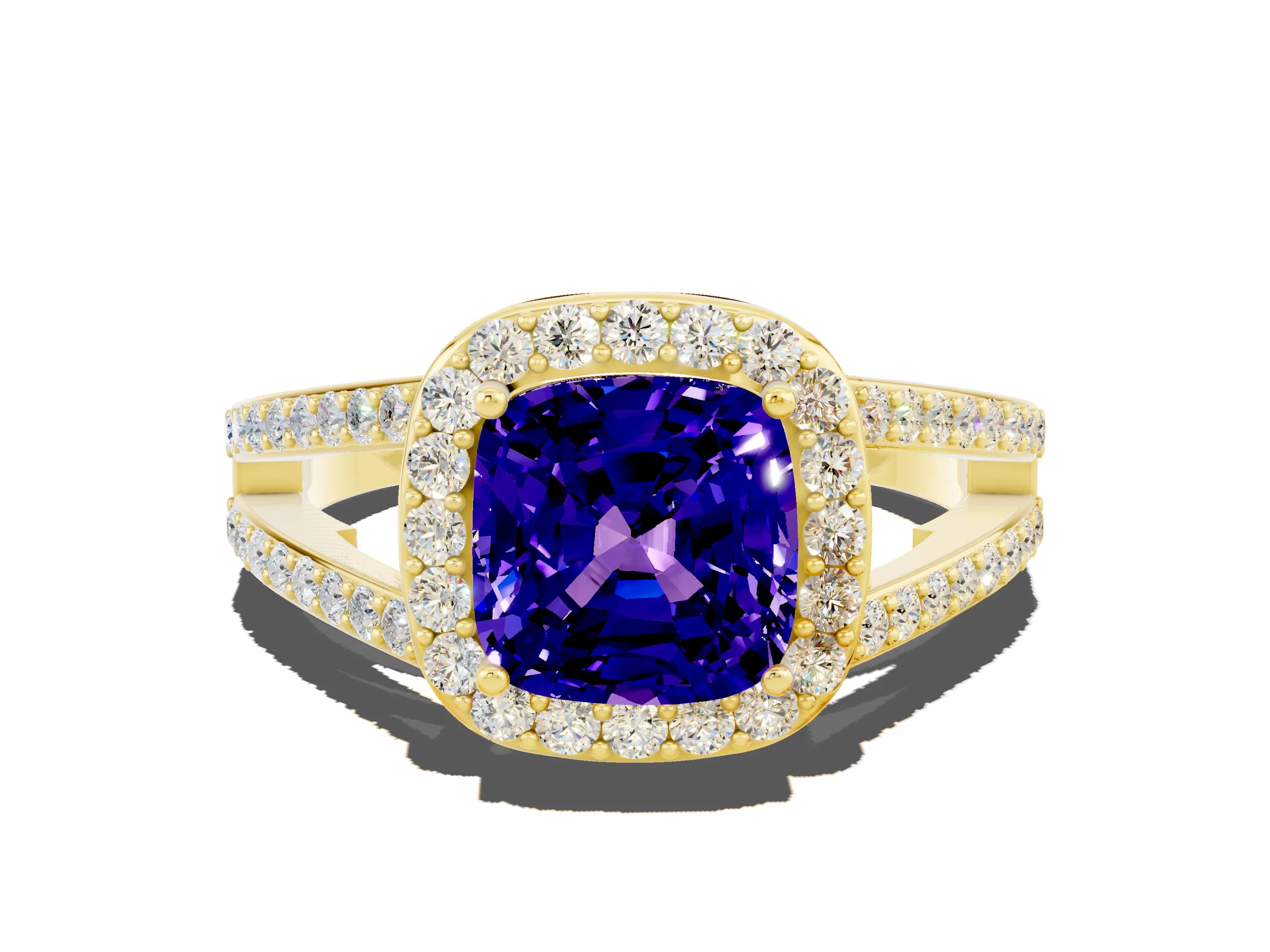 Yellow gold Cushion Cut Tanzanite Halo Ring with Split Shank U-Prong Band and Four-Prong Setting