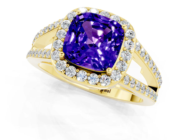 Yellow gold Cushion Cut Tanzanite Halo Ring with Split Shank U-Prong Band and Four-Prong Setting