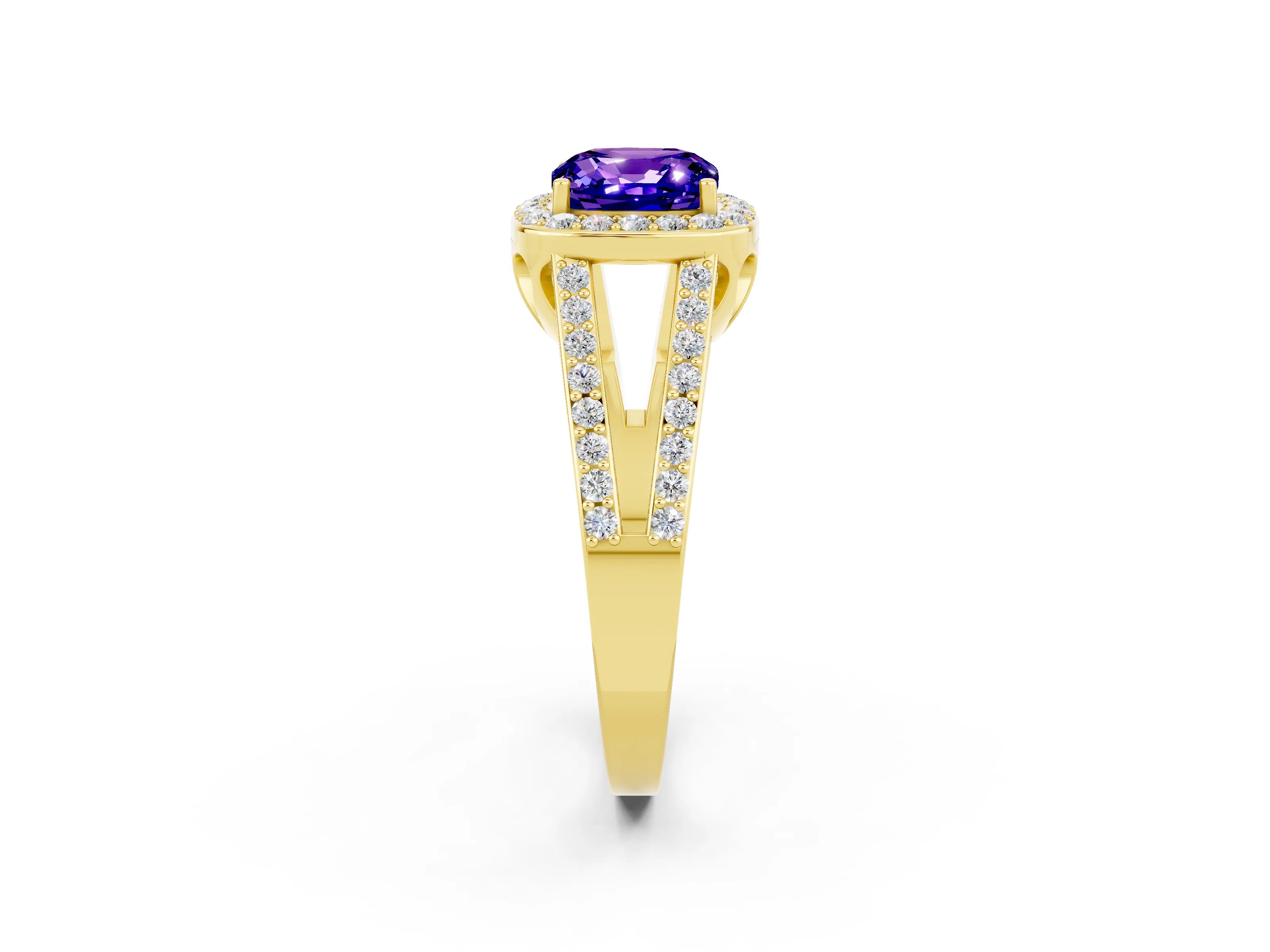 Yellow gold Cushion Cut Tanzanite Halo Ring with Split Shank U-Prong Band and Four-Prong Setting_2