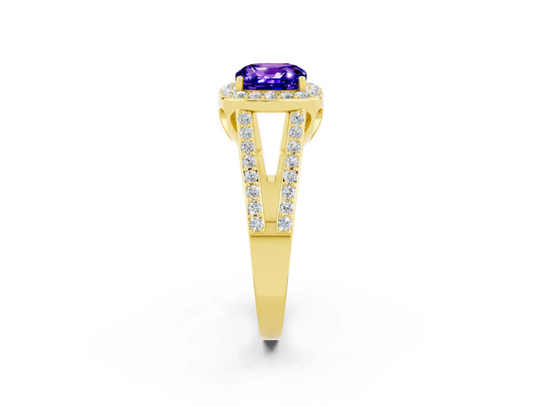 Yellow gold Cushion Cut Tanzanite Halo Ring with Split Shank U-Prong Band and Four-Prong Setting
