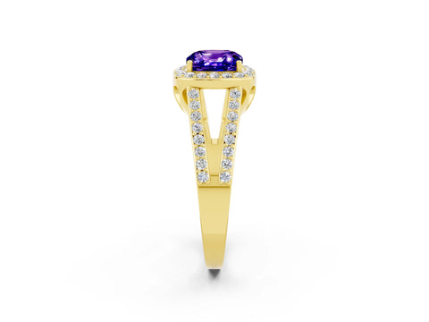 Yellow gold Cushion Cut Tanzanite Halo Ring with Split Shank U-Prong Band and Four-Prong Setting_2