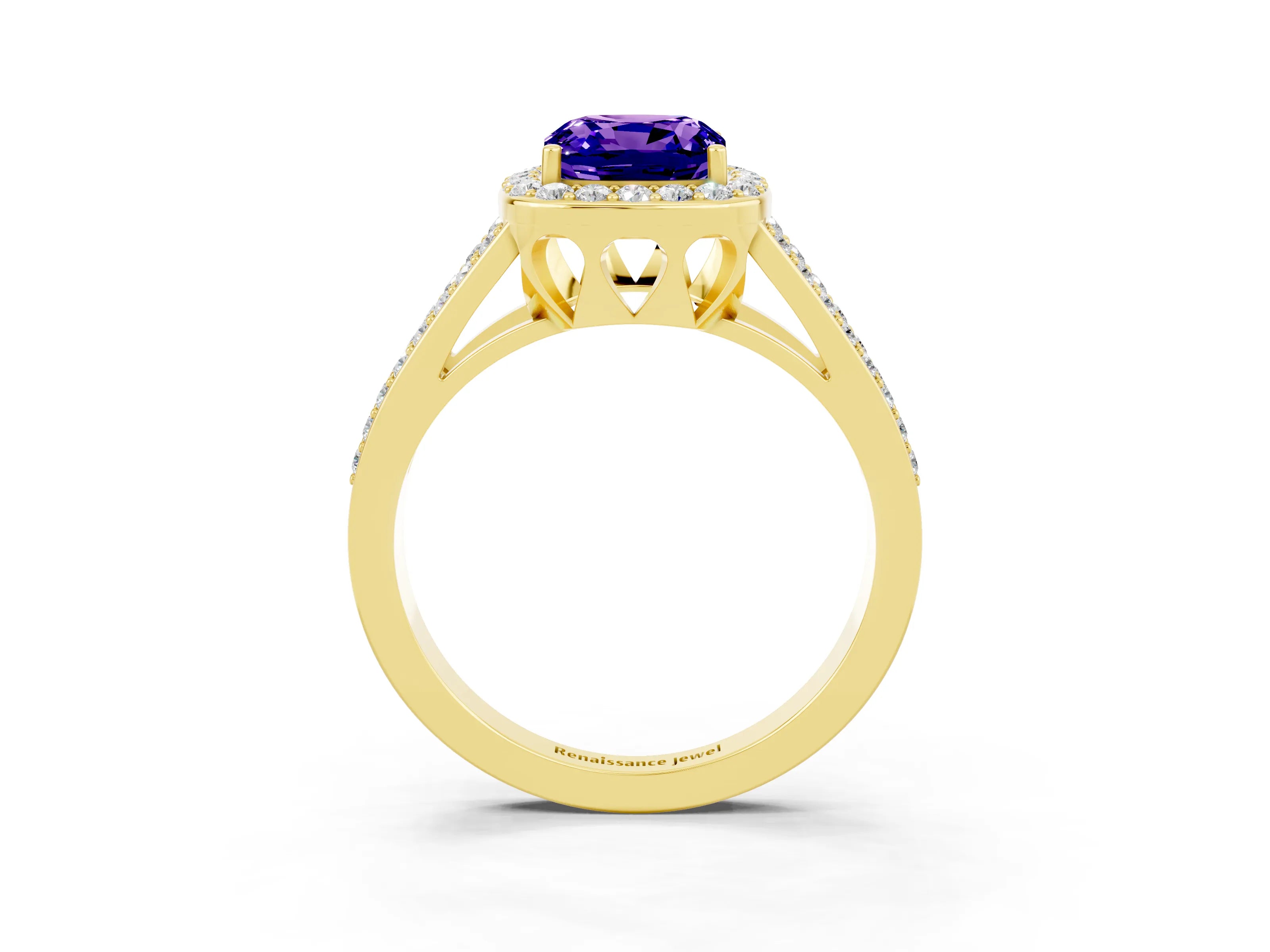 Yellow gold Cushion Cut Tanzanite Halo Ring with Split Shank U-Prong Band and Four-Prong Setting_3