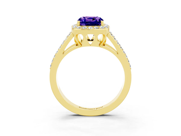 Yellow gold Cushion Cut Tanzanite Halo Ring with Split Shank U-Prong Band and Four-Prong Setting