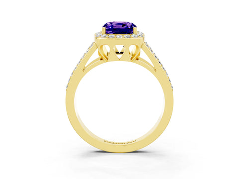 Yellow gold Cushion Cut Tanzanite Halo Ring with Split Shank U-Prong Band and Four-Prong Setting_3