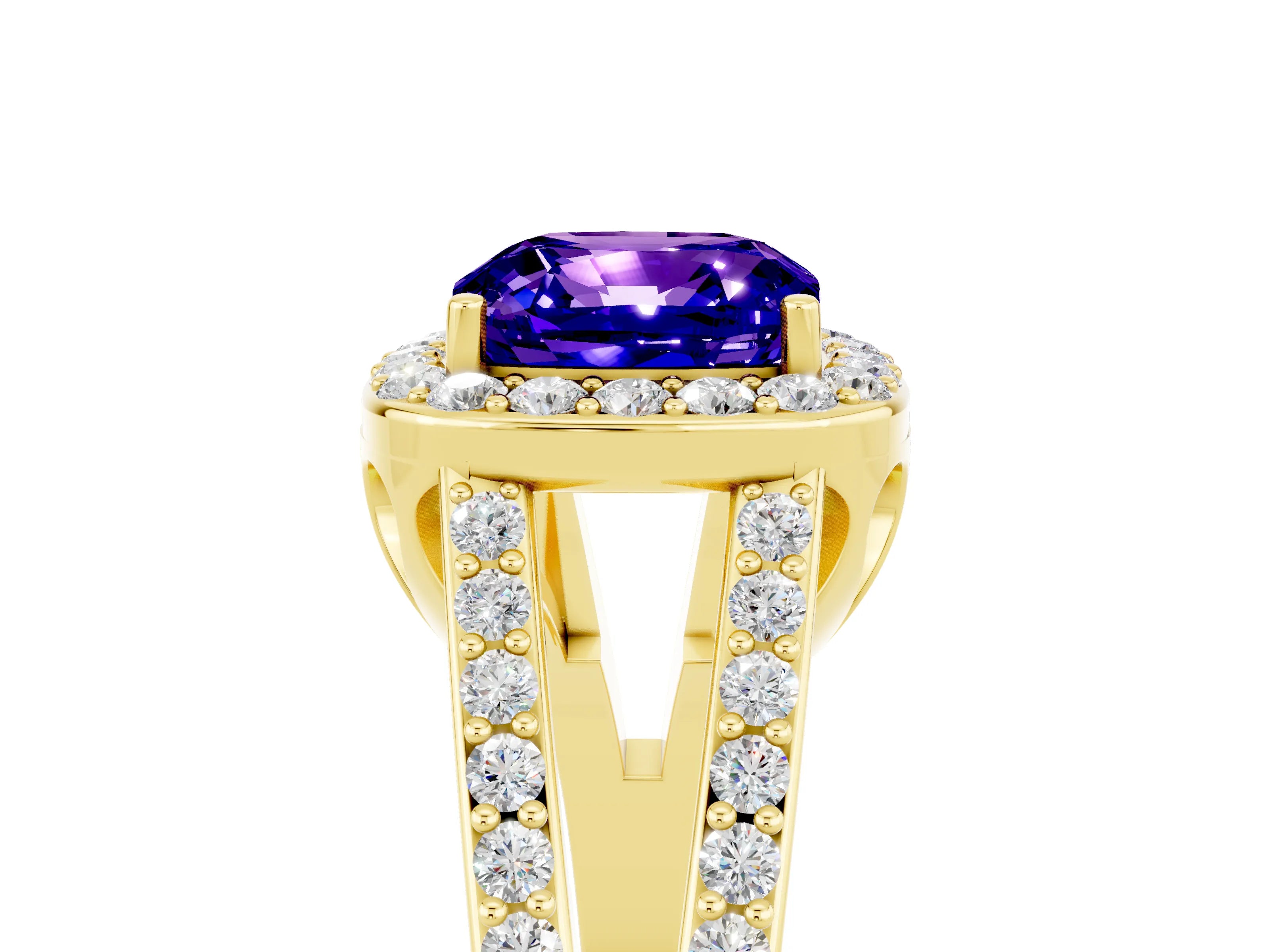 Yellow gold Cushion Cut Tanzanite Halo Ring with Split Shank U-Prong Band and Four-Prong Setting_5