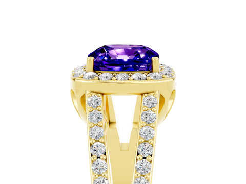 Yellow gold Cushion Cut Tanzanite Halo Ring with Split Shank U-Prong Band and Four-Prong Setting_5