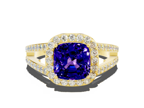 Yellow gold Cushion Cut Tanzanite Halo Ring with Split Shank U-Prong Band and Four-Prong Setting
