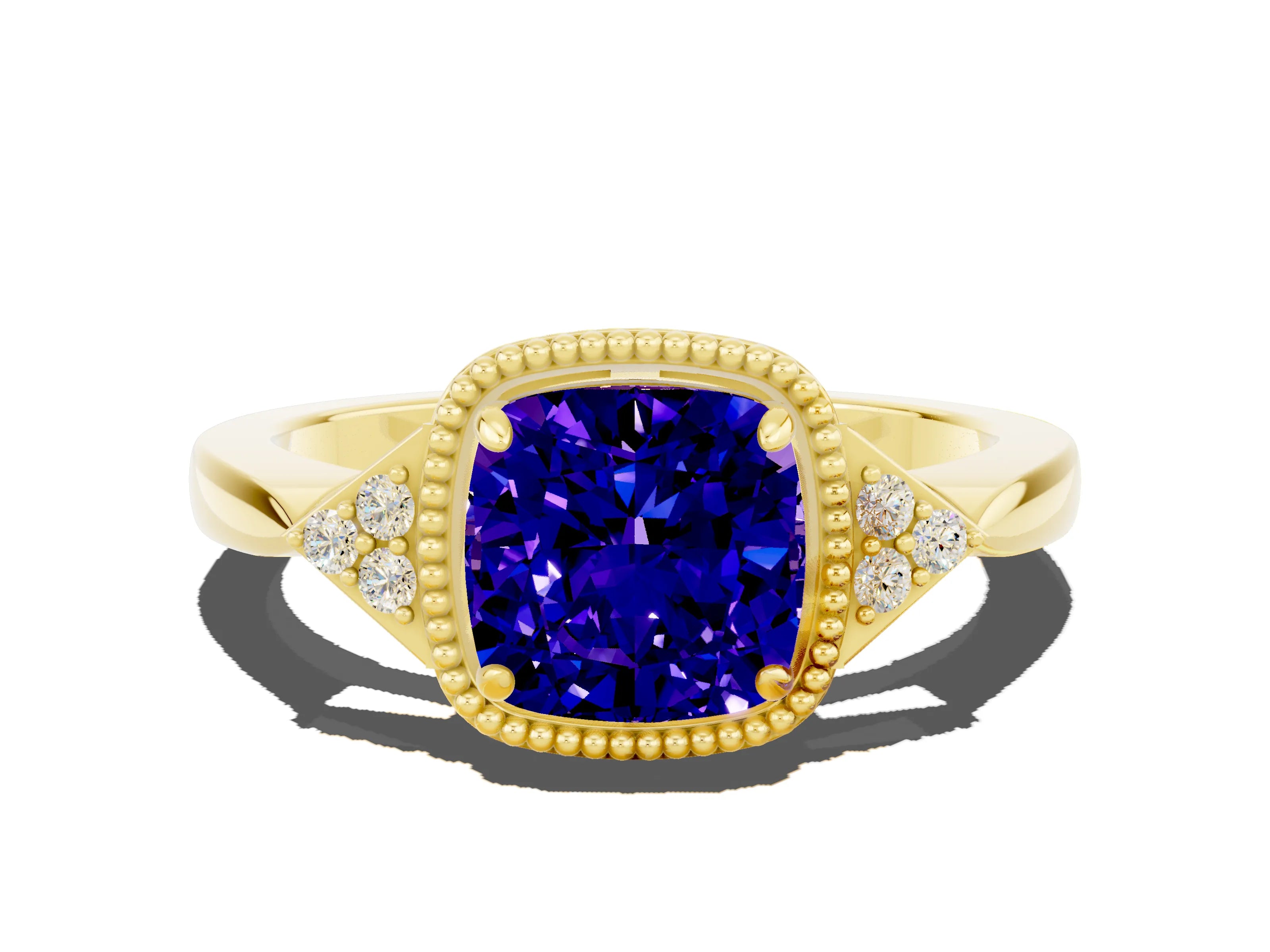 Yellow gold Cushion Cut Tanzanite Halo Ring with Tapered Band and Four-Prong Setting