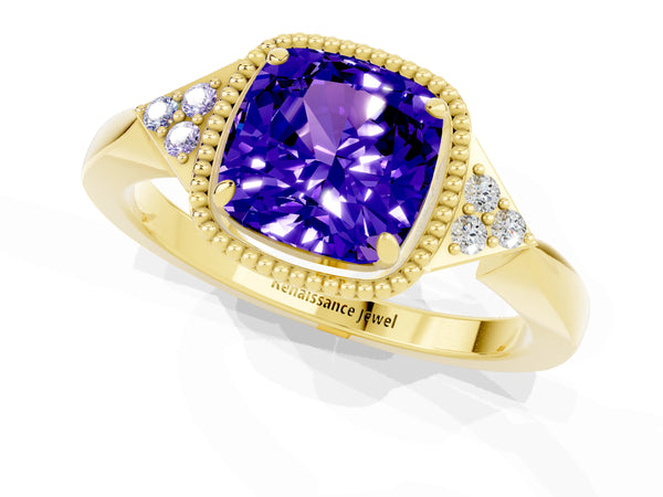 Yellow gold Cushion Cut Tanzanite Halo Ring with Tapered Band and Four-Prong Setting
