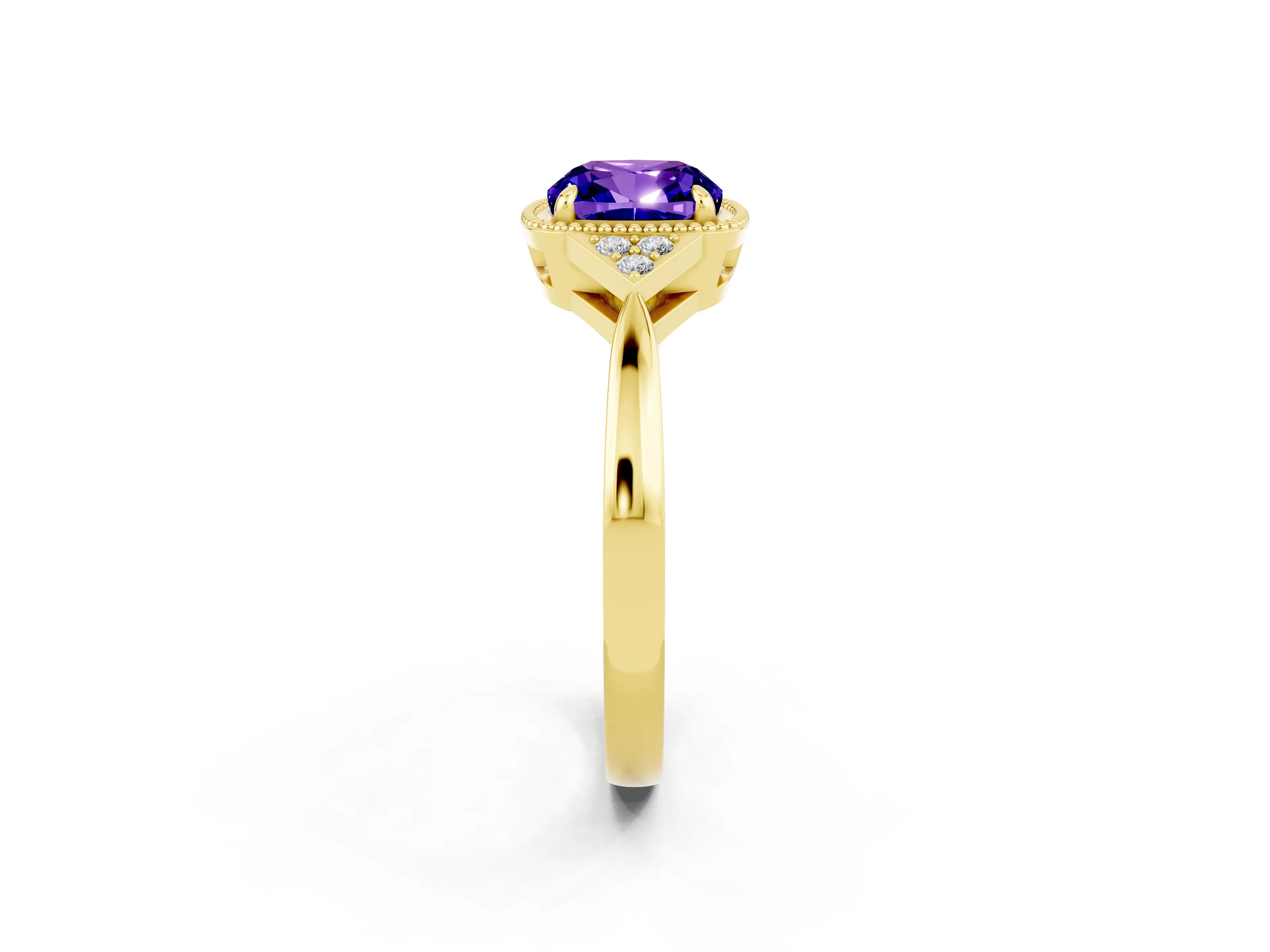 Yellow gold Cushion Cut Tanzanite Halo Ring with Tapered Band and Four-Prong Setting_2