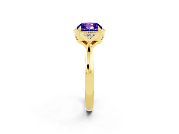 Yellow gold Cushion Cut Tanzanite Halo Ring with Tapered Band and Four-Prong Setting