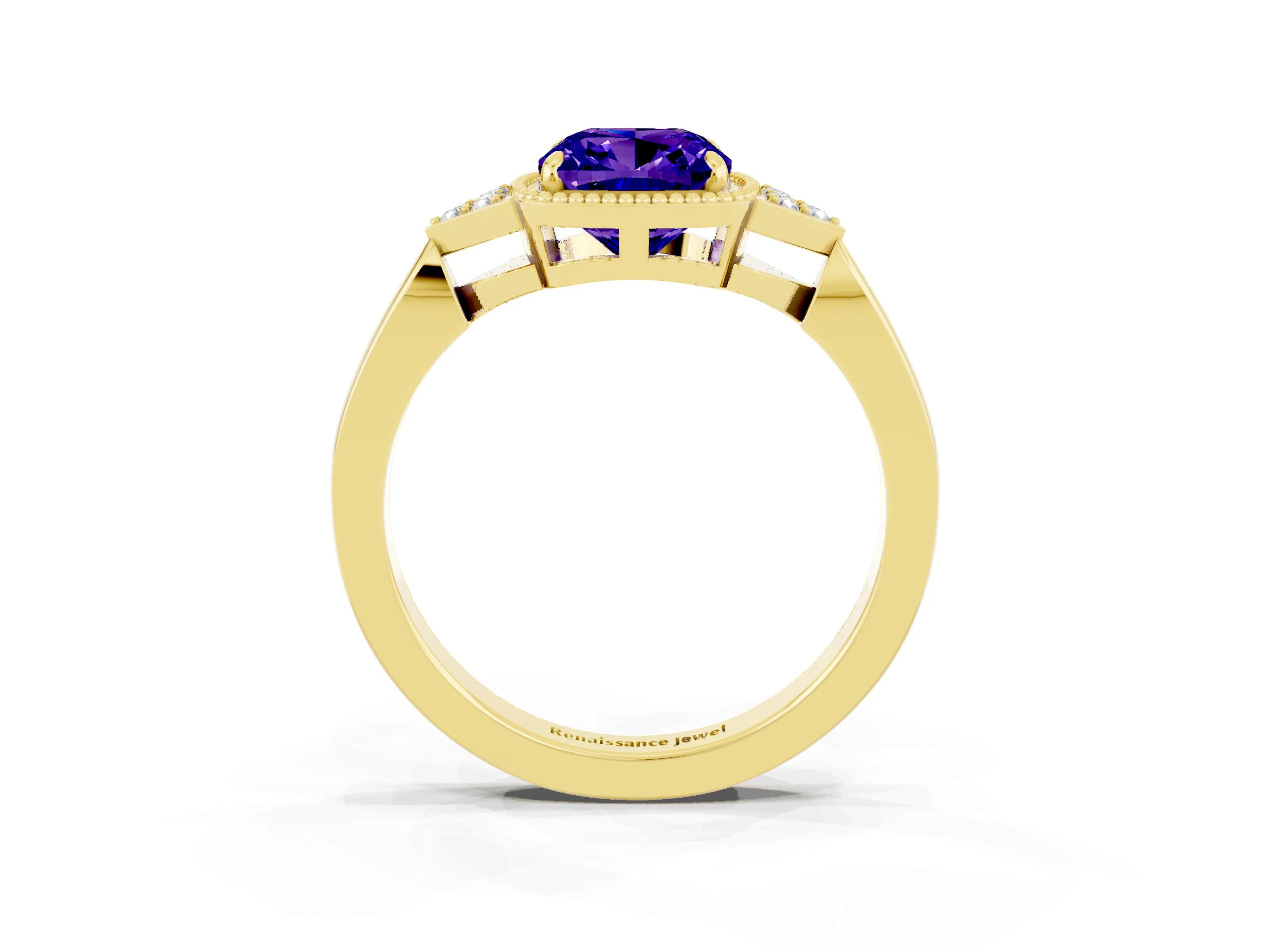 Yellow gold Cushion Cut Tanzanite Halo Ring with Tapered Band and Four-Prong Setting_3