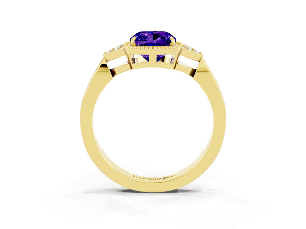 Yellow gold Cushion Cut Tanzanite Halo Ring with Tapered Band and Four-Prong Setting