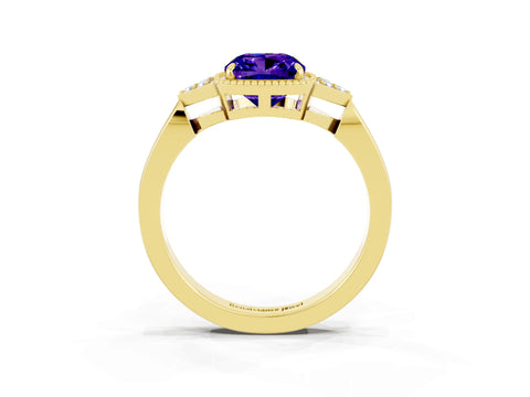 Yellow gold Cushion Cut Tanzanite Halo Ring with Tapered Band and Four-Prong Setting_3