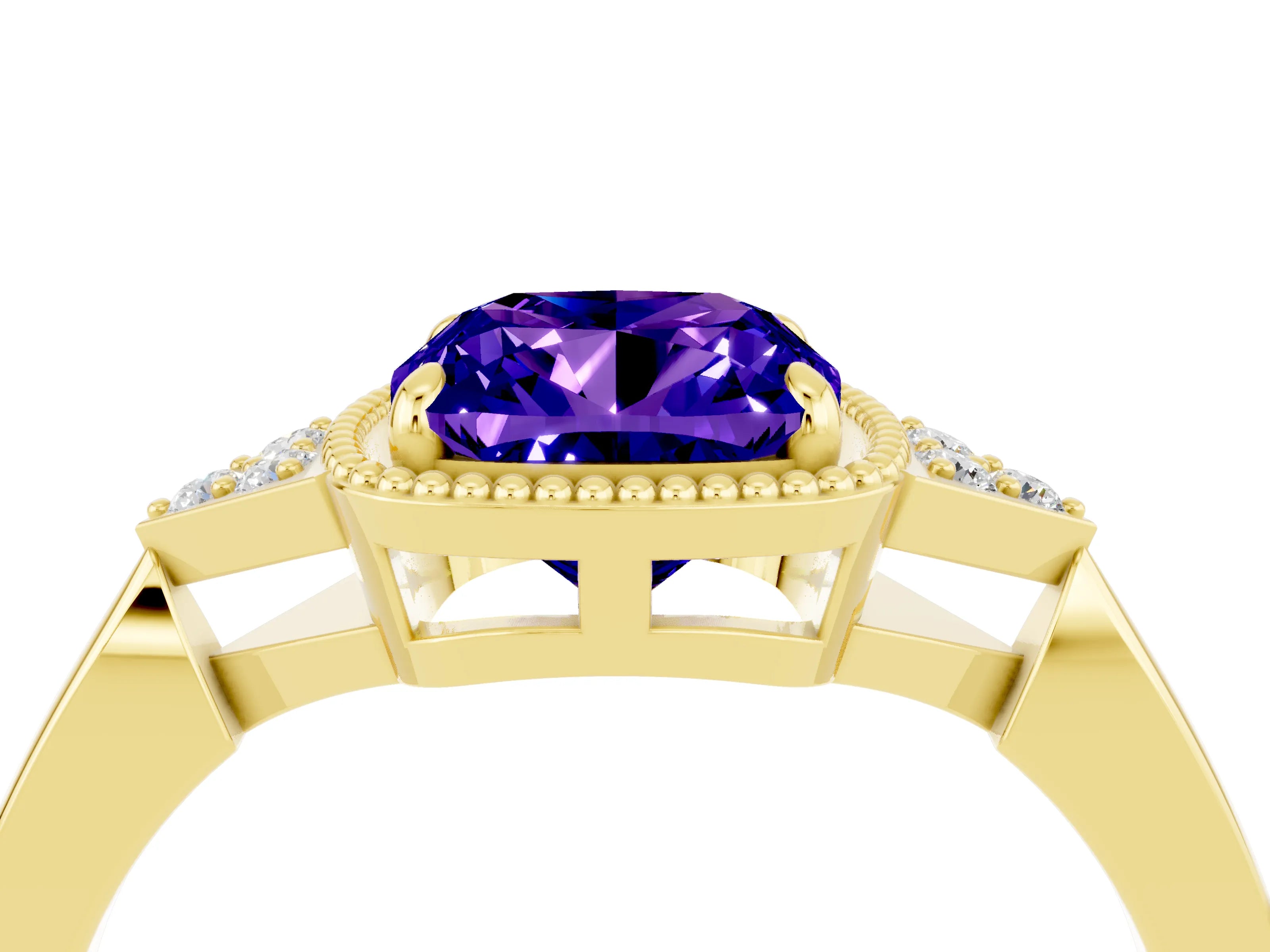 Yellow gold Cushion Cut Tanzanite Halo Ring with Tapered Band and Four-Prong Setting_4