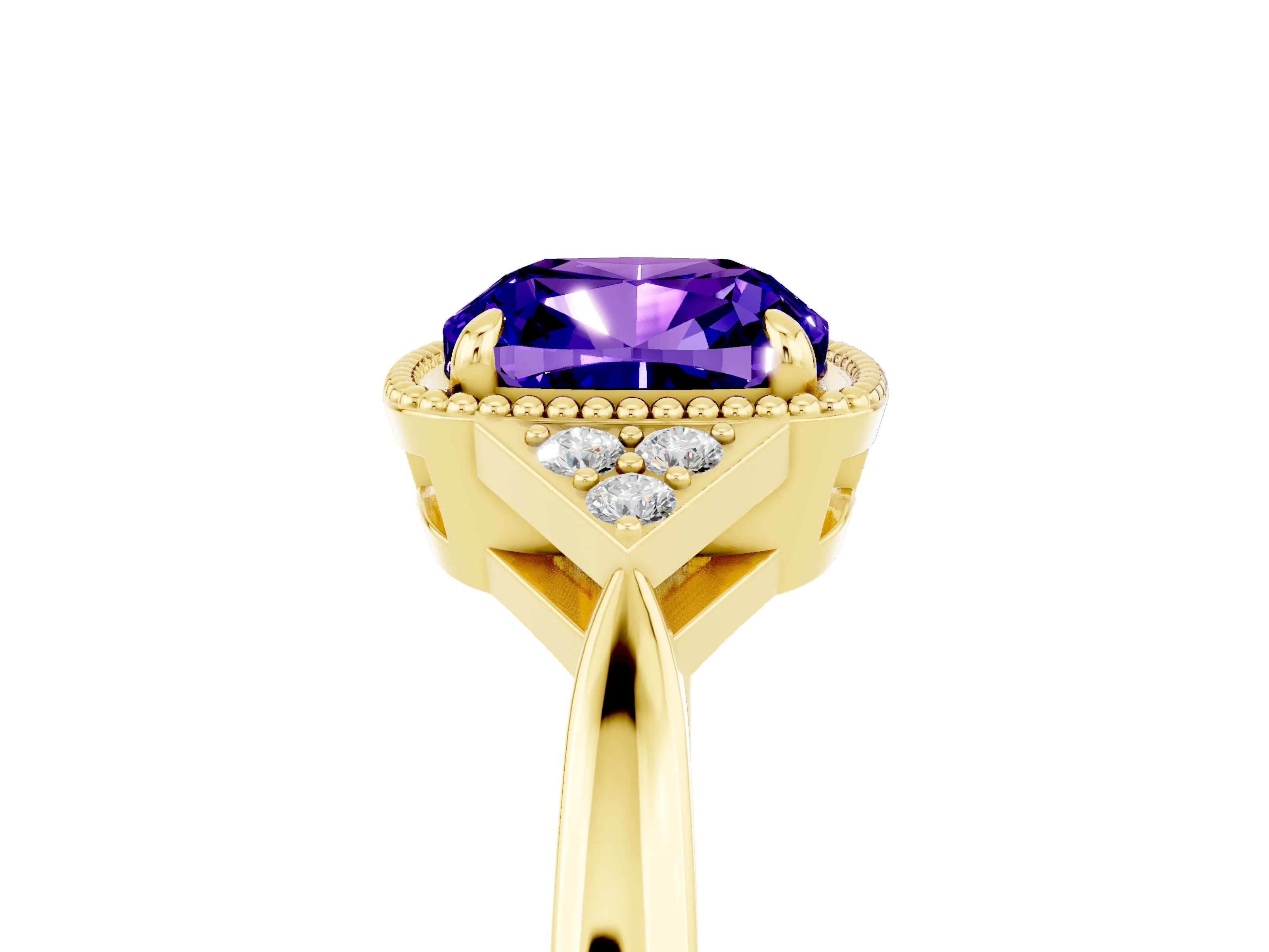 Yellow gold Cushion Cut Tanzanite Halo Ring with Tapered Band and Four-Prong Setting_5