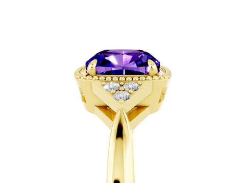 Yellow gold Cushion Cut Tanzanite Halo Ring with Tapered Band and Four-Prong Setting_5