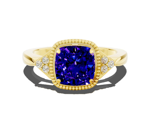 Yellow gold Cushion Cut Tanzanite Halo Ring with Tapered Band and Four-Prong Setting