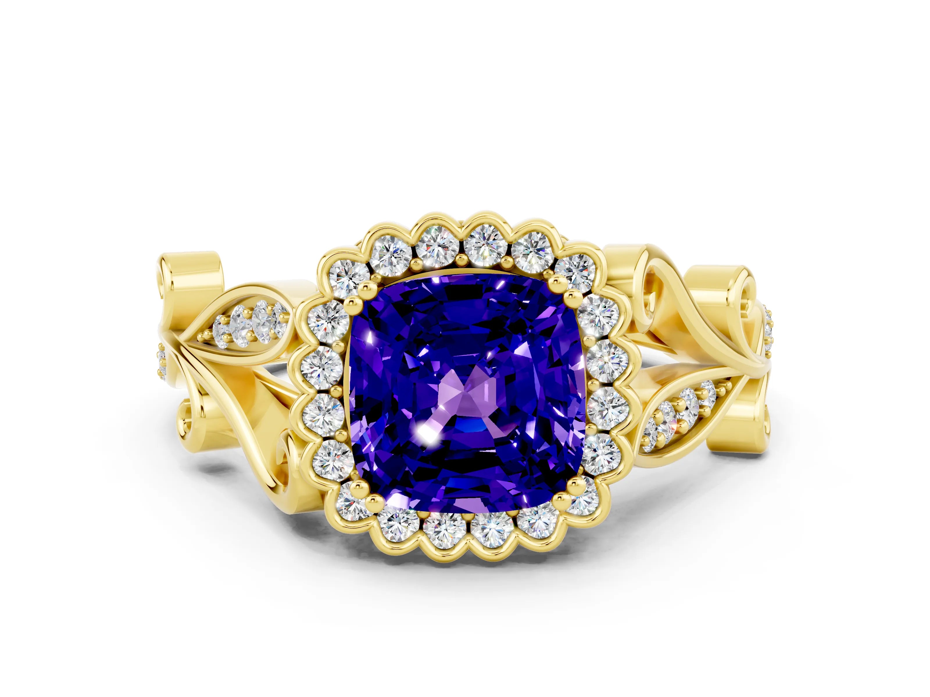 Yellow gold Cushion Cut Tanzanite Halo Ring with Vintage Split Shank and Four-Prong Setting