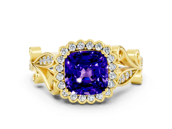Yellow gold Cushion Cut Tanzanite Halo Ring with Vintage Split Shank and Four-Prong Setting