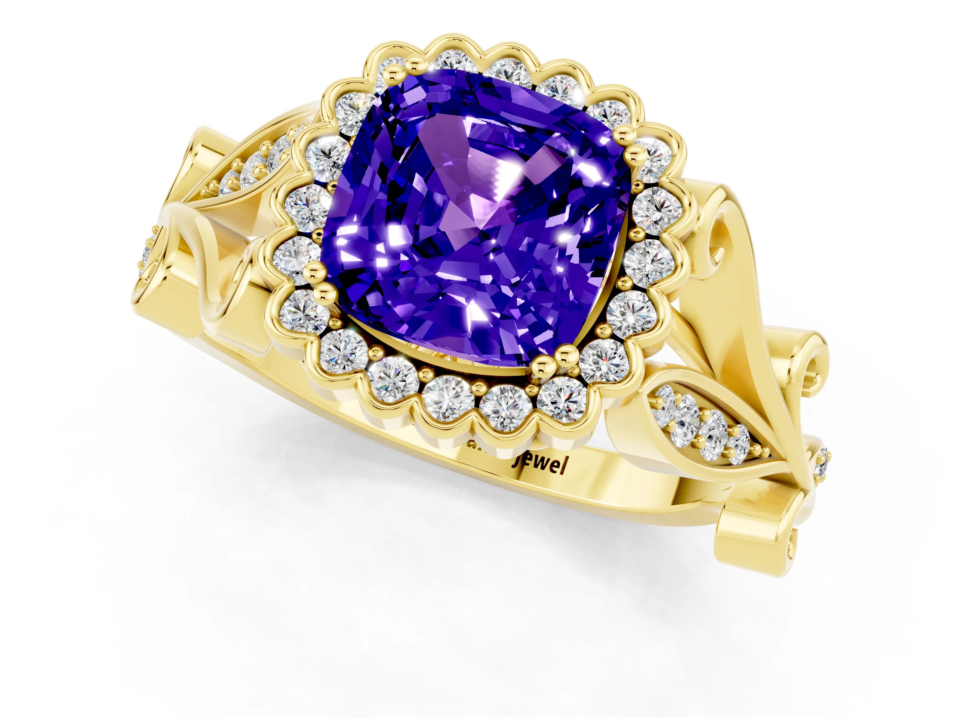 Yellow gold Cushion Cut Tanzanite Halo Ring with Vintage Split Shank and Four-Prong Setting_1