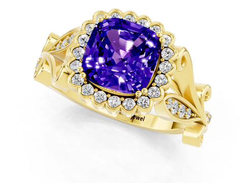 Yellow gold Cushion Cut Tanzanite Halo Ring with Vintage Split Shank and Four-Prong Setting_1