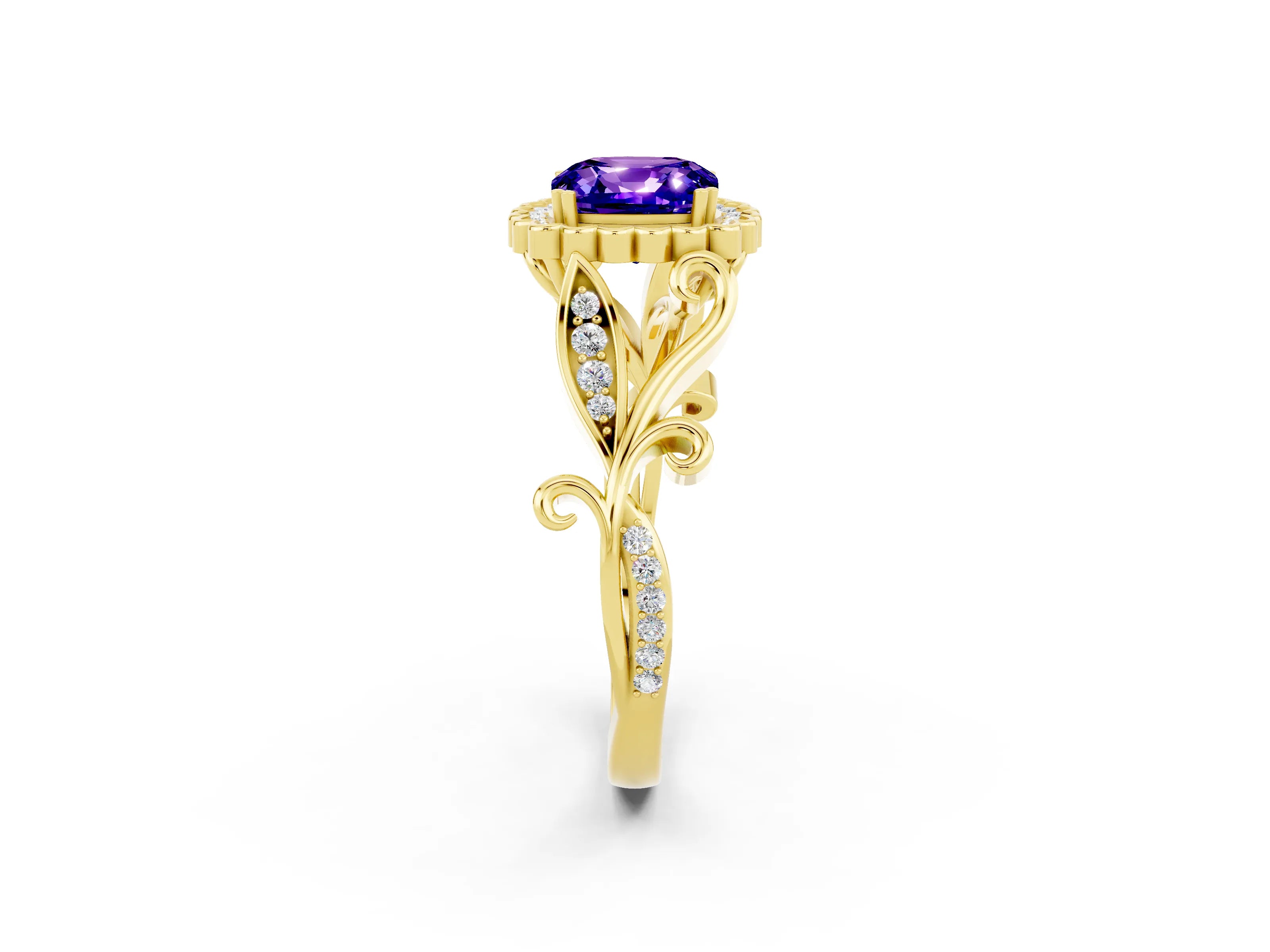 Yellow gold Cushion Cut Tanzanite Halo Ring with Vintage Split Shank and Four-Prong Setting_2