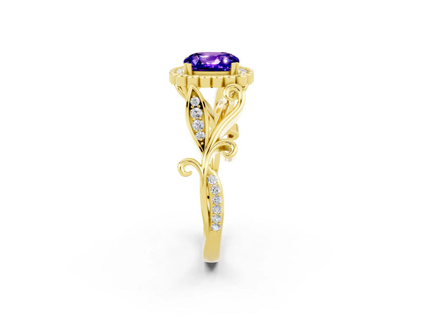 Yellow gold Cushion Cut Tanzanite Halo Ring with Vintage Split Shank and Four-Prong Setting