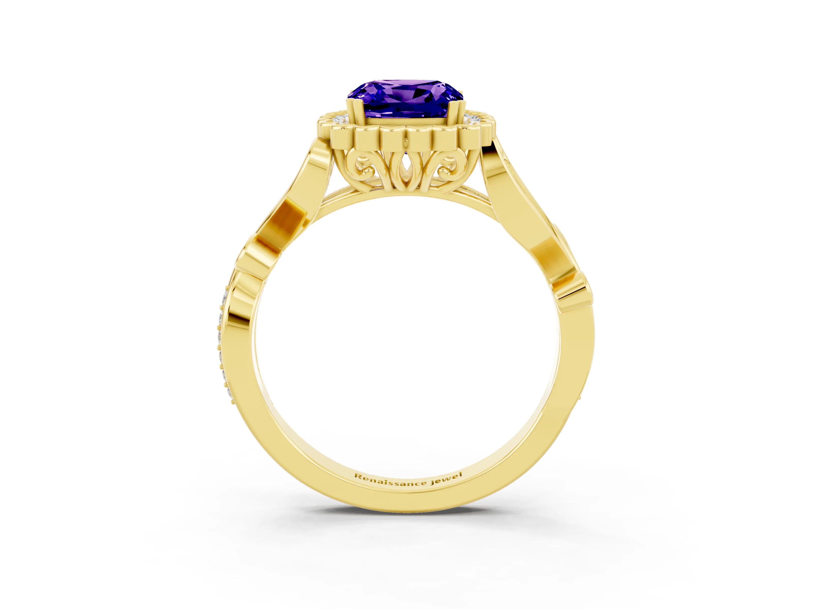 Yellow gold Cushion Cut Tanzanite Halo Ring with Vintage Split Shank and Four-Prong Setting_3