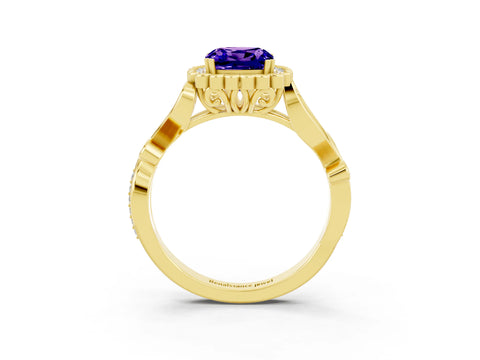 Yellow gold Cushion Cut Tanzanite Halo Ring with Vintage Split Shank and Four-Prong Setting_3