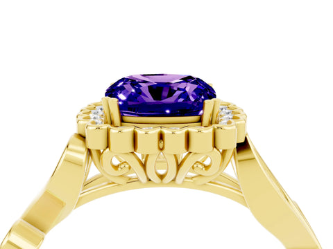 Yellow gold Cushion Cut Tanzanite Halo Ring with Vintage Split Shank and Four-Prong Setting_4