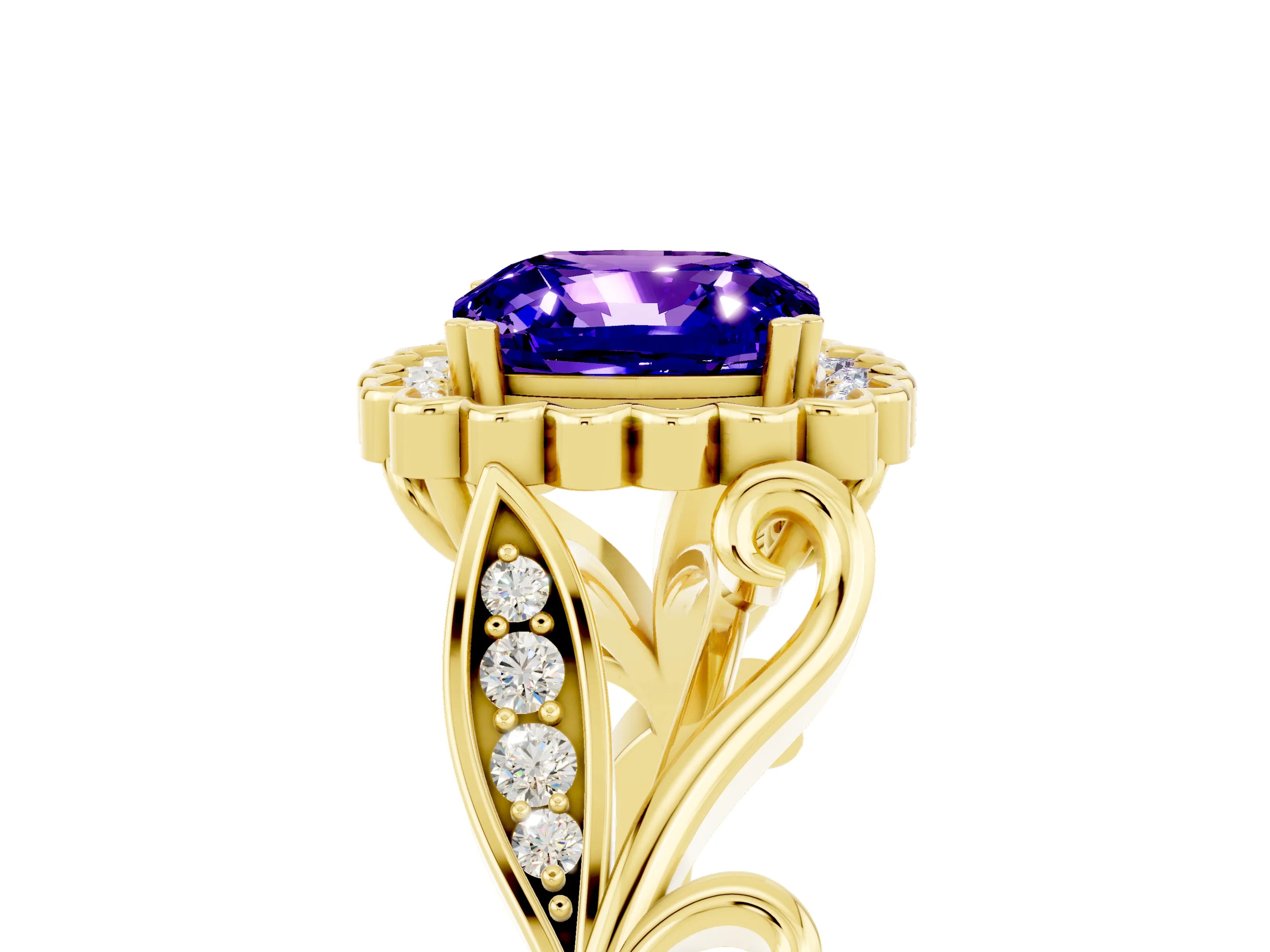 Yellow gold Cushion Cut Tanzanite Halo Ring with Vintage Split Shank and Four-Prong Setting_5
