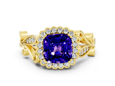 Yellow gold Cushion Cut Tanzanite Halo Ring with Vintage Split Shank and Four-Prong Setting