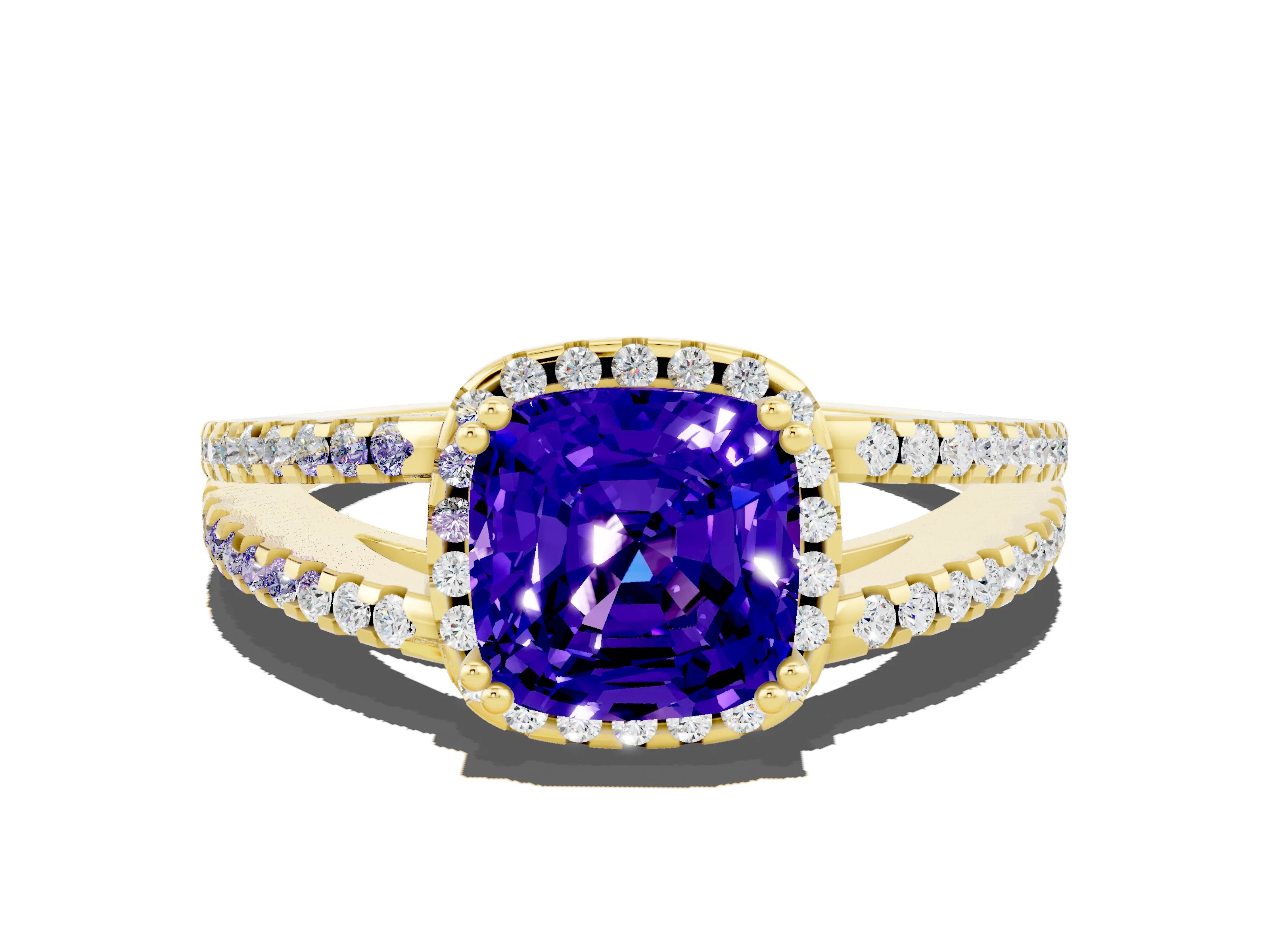 Yellow gold Cushion Cut Tanzanite Halo Split Shank Engagement Ring_12