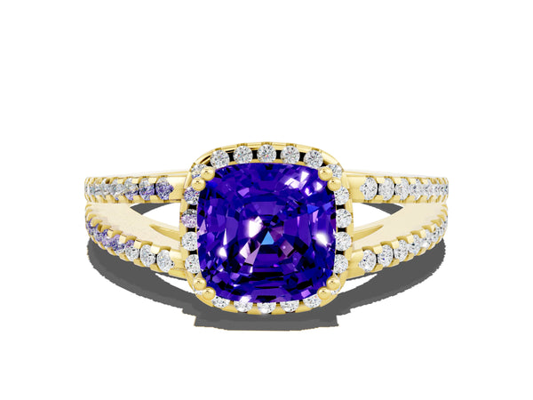 Yellow gold Cushion Cut Tanzanite Halo Split Shank Engagement Ring