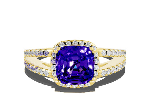 Yellow gold Cushion Cut Tanzanite Halo Split Shank Engagement Ring_12