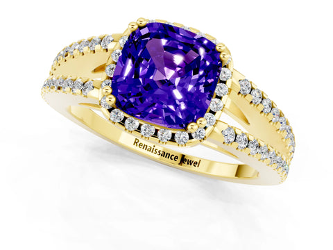 Yellow gold Cushion Cut Tanzanite Halo Split Shank Engagement Ring_13