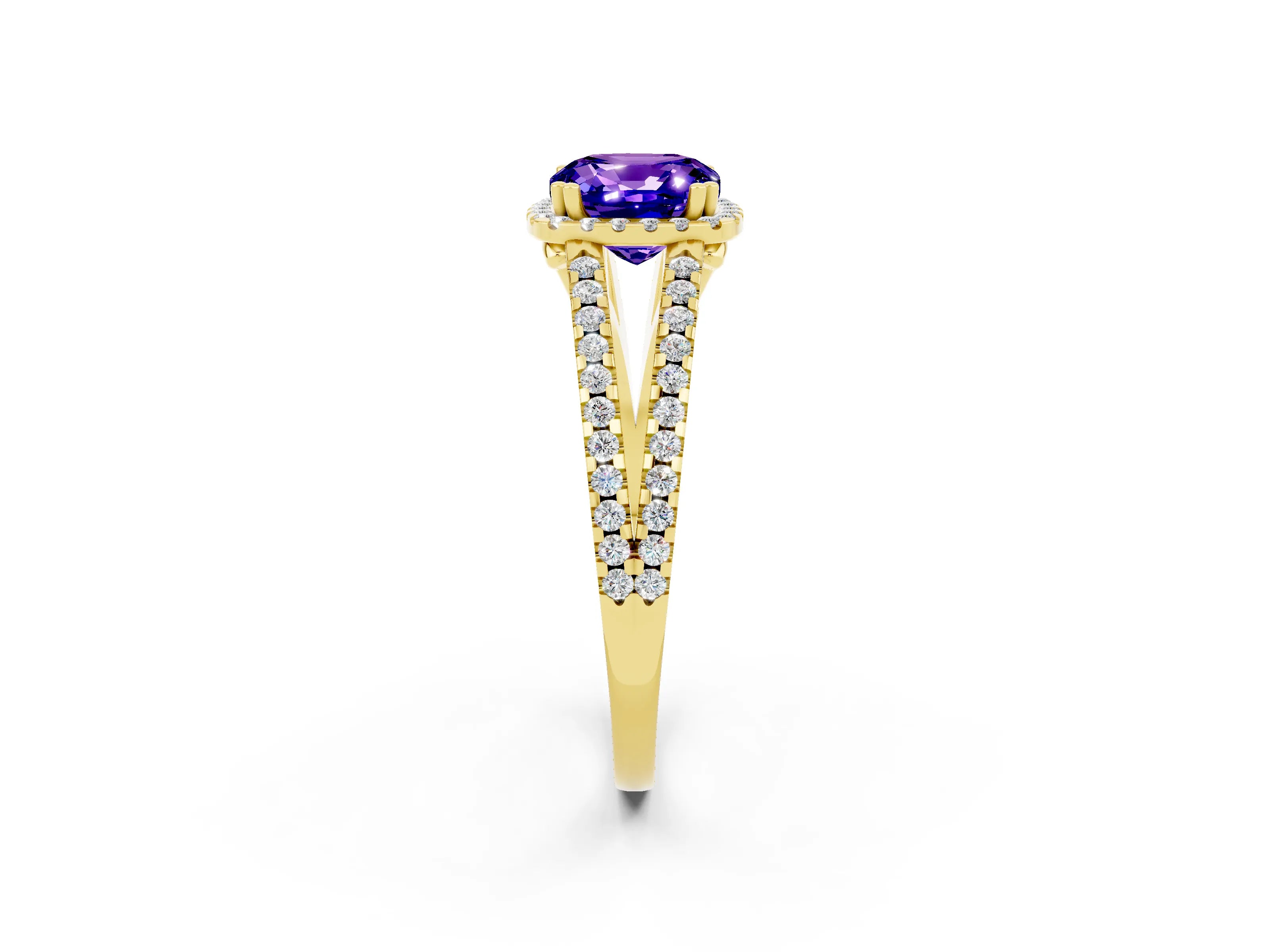 Yellow gold Cushion Cut Tanzanite Halo Split Shank Engagement Ring_14