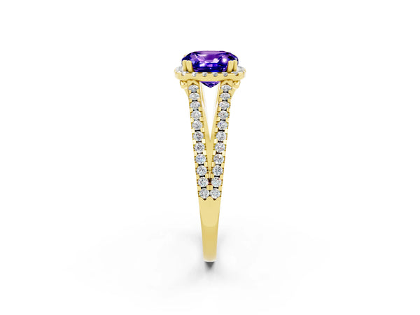Yellow gold Cushion Cut Tanzanite Halo Split Shank Engagement Ring