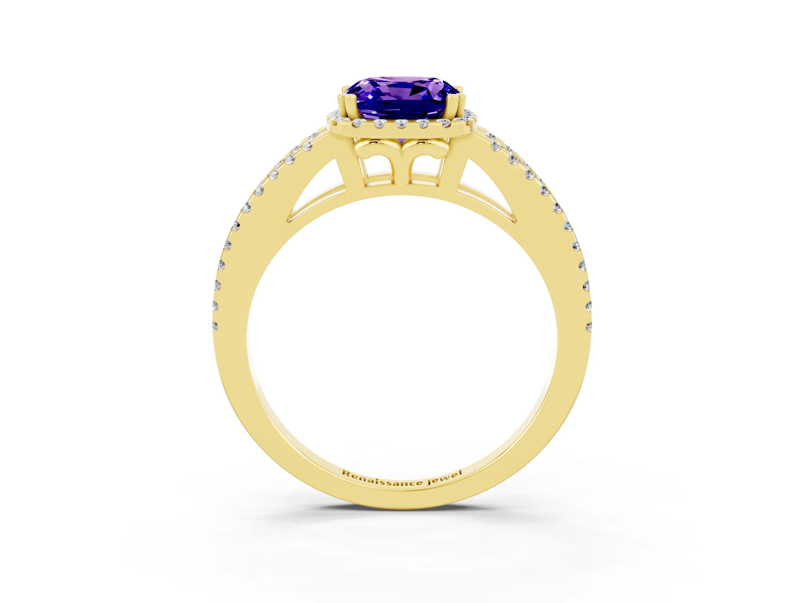 Yellow gold Cushion Cut Tanzanite Halo Split Shank Engagement Ring_15
