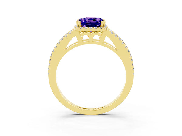 Yellow gold Cushion Cut Tanzanite Halo Split Shank Engagement Ring