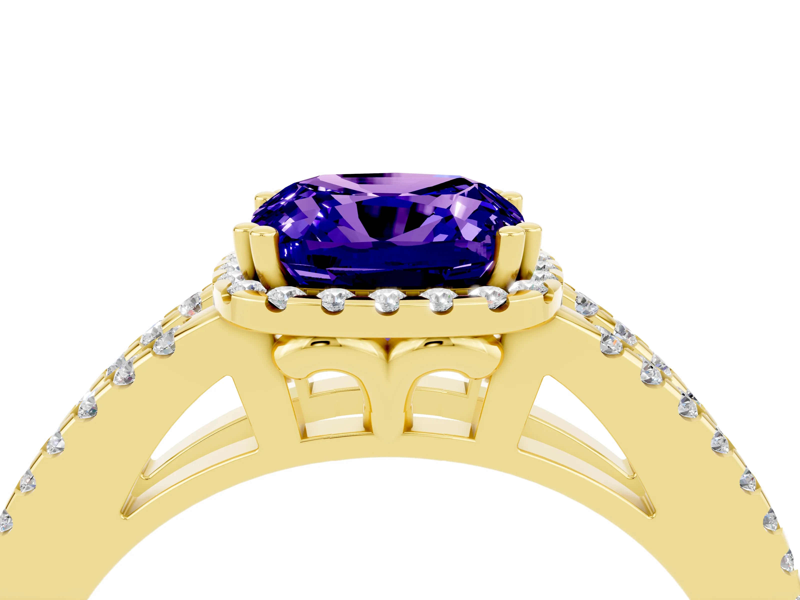 Yellow gold Cushion Cut Tanzanite Halo Split Shank Engagement Ring_16