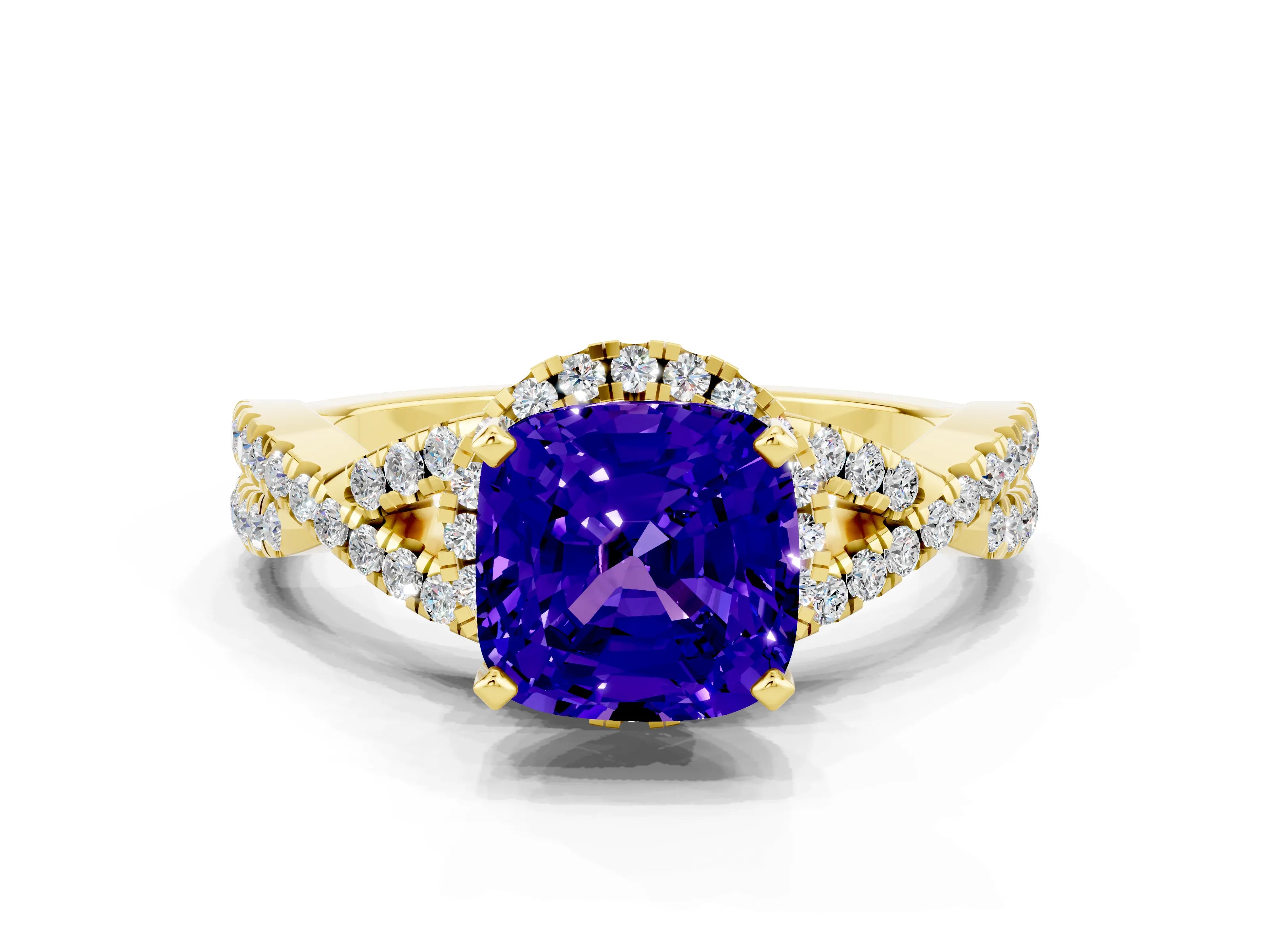 Yellow gold Cushion Cut Tanzanite Halo Twist Band Solitaire Prong Setting Ring