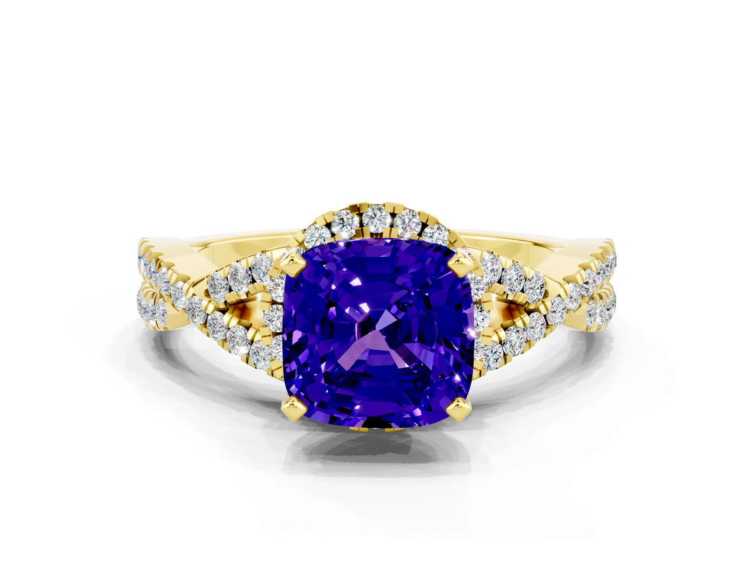 Yellow gold Cushion Cut Tanzanite Halo Twist Band Solitaire Prong Setting Ring