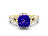 Yellow gold Cushion Cut Tanzanite Halo Twist Band Solitaire Prong Setting Ring