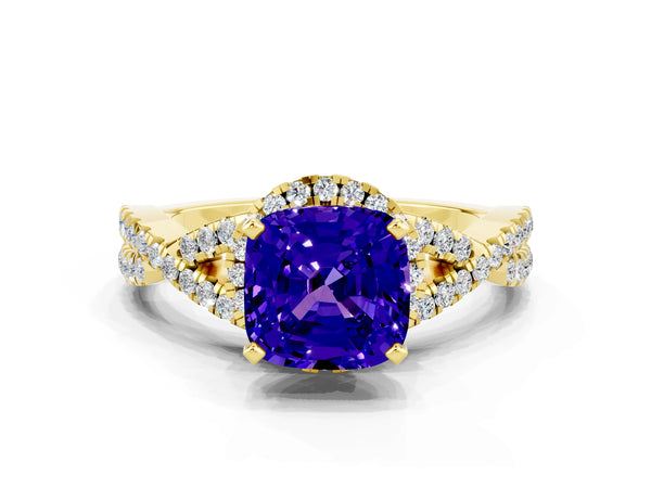 Yellow gold Cushion Cut Tanzanite  Halo Twist Band Solitaire Prong Setting Ring