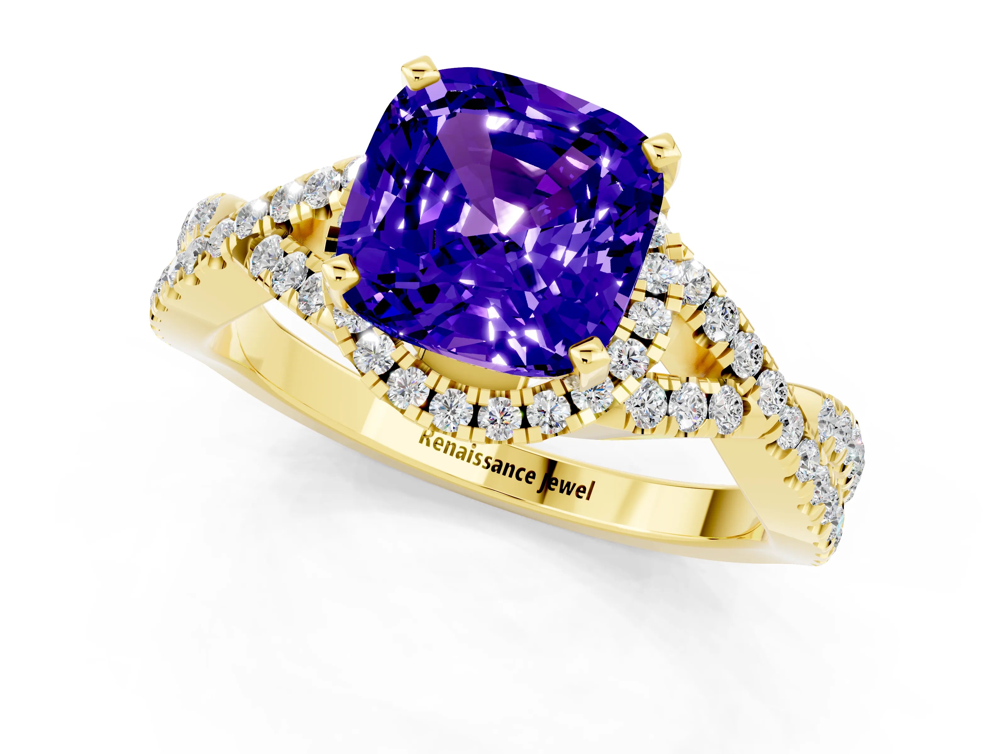 Yellow gold Cushion Cut Tanzanite Halo Twist Band Solitaire Prong Setting Ring_1