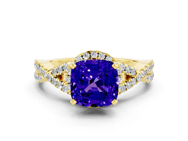 Yellow gold Cushion Cut Tanzanite  Halo Twist Band Solitaire Prong Setting Ring
