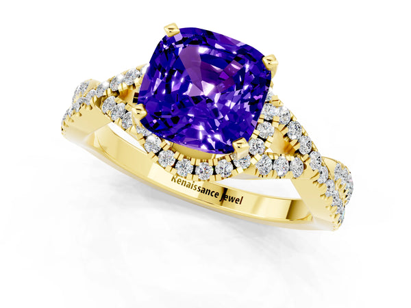Yellow gold Cushion Cut Tanzanite  Halo Twist Band Solitaire Prong Setting Ring
